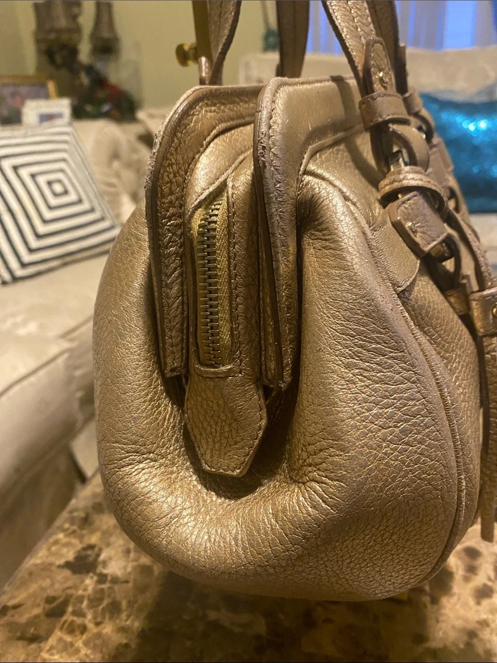 Bally Metallic Gold Leather Satchel with Tassel